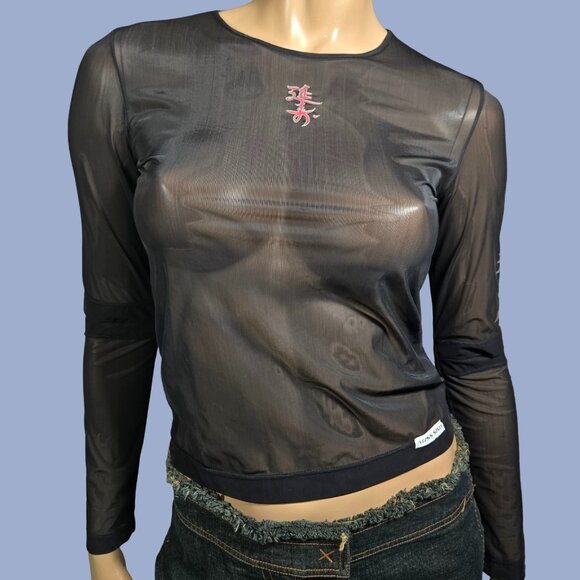 Vintage Miss Sixty Black Sheer Long Sleeve Top Size M Asian Print Grunge Punk - Picture 1 of 9